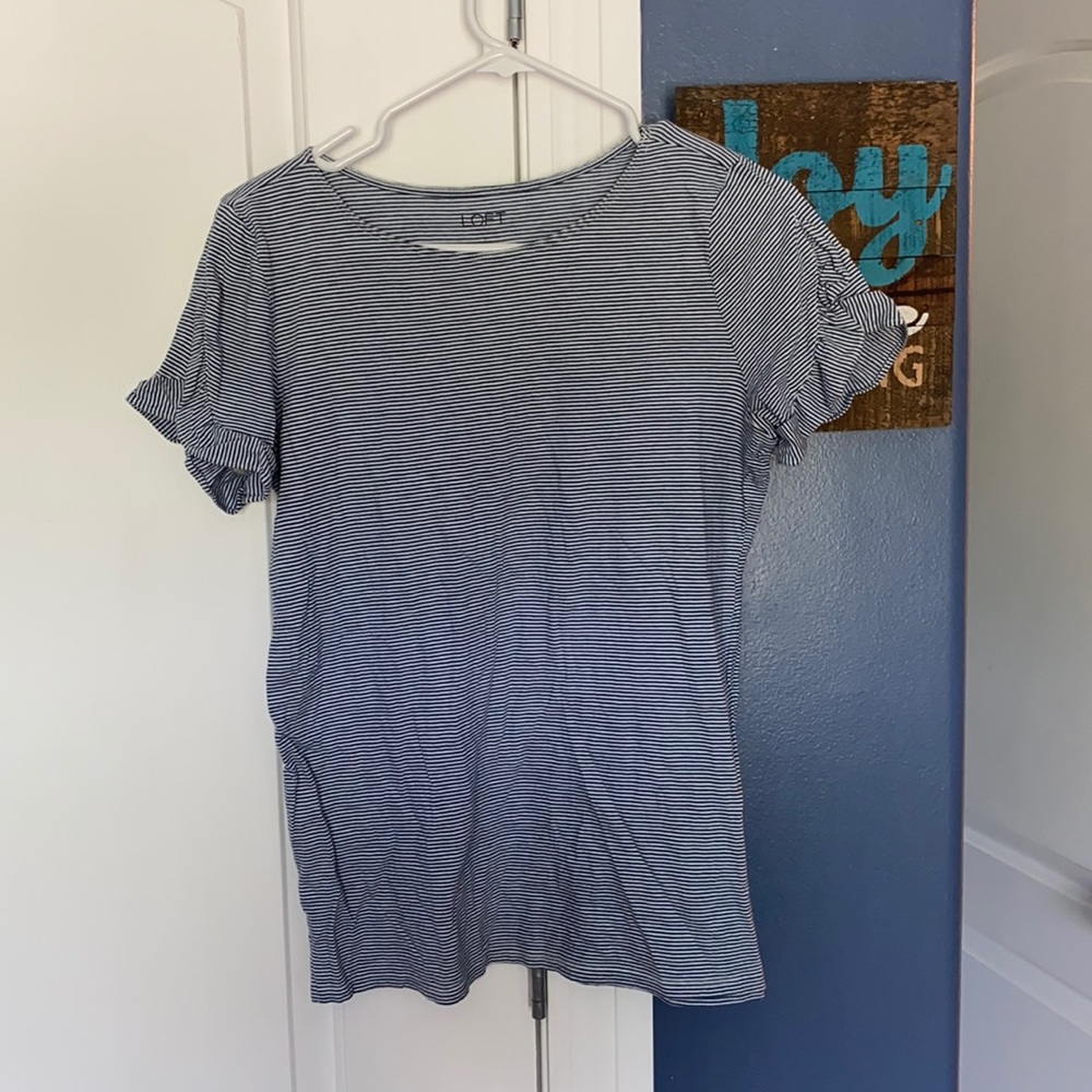 blue/white striped top with ruffled sleeves